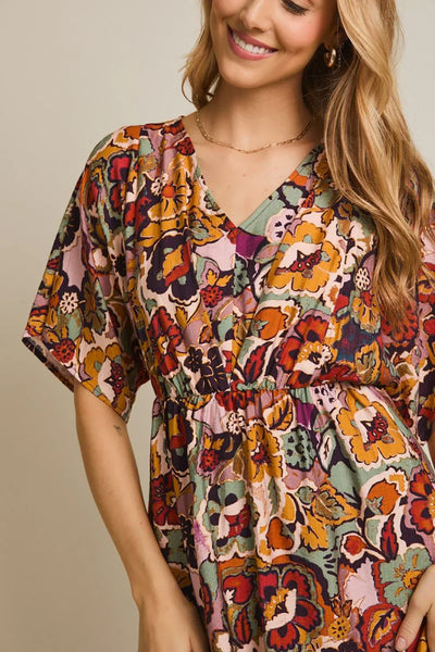 white christmas dresses Plus Size Retro Floral Print Short Sleeve V-Neck Cinched Waist Mini Dr