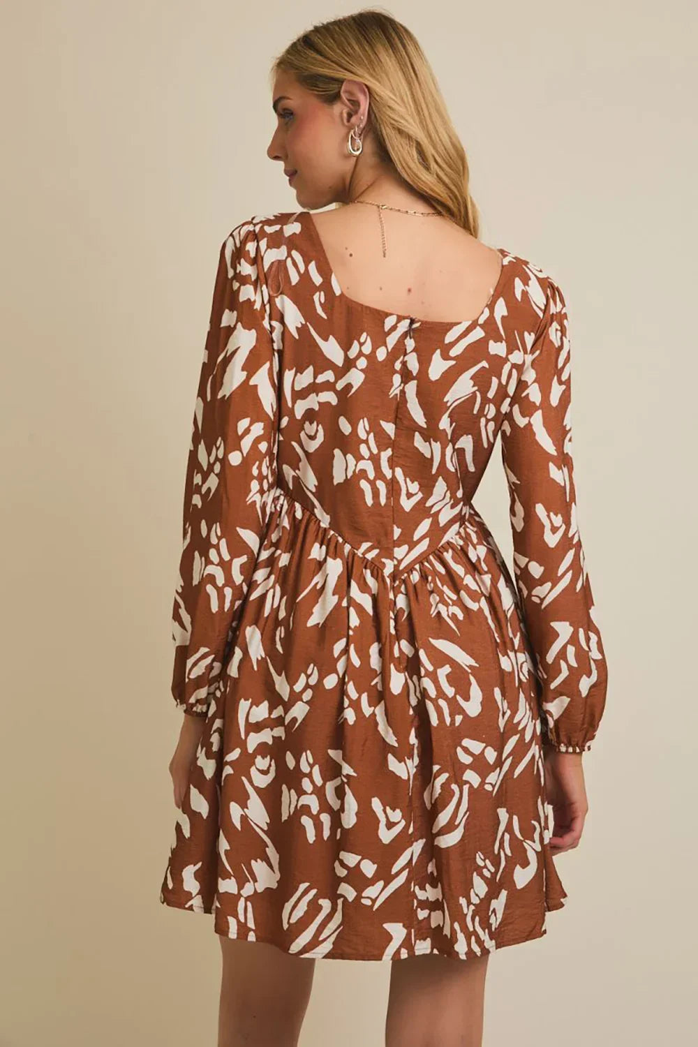 Plus Size Rust Brown Abstract Print Long Sleeve Empire Waist Boho Mini Dress