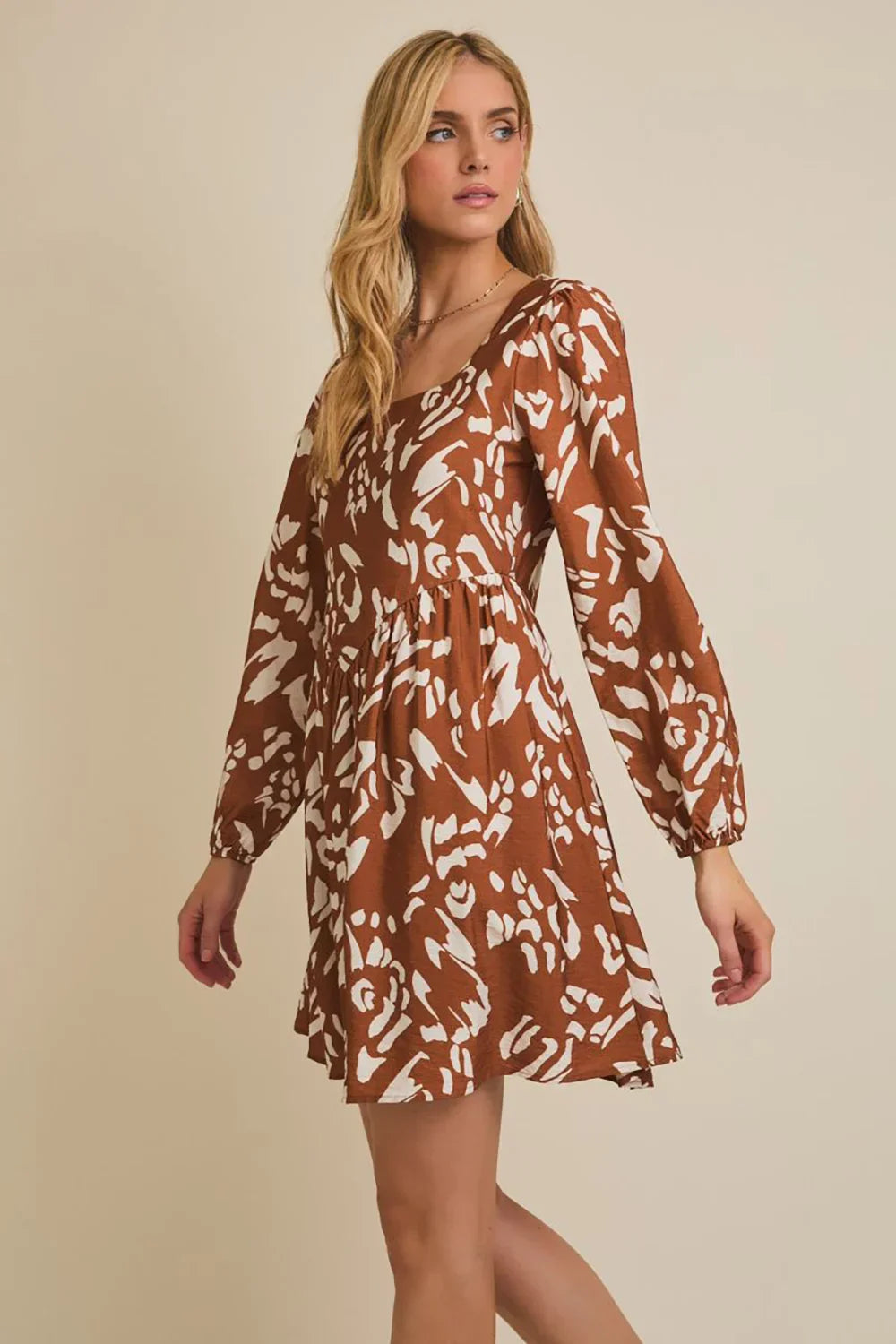 Plus Size Rust Brown Abstract Print Long Sleeve Empire Waist Boho Mini Dress