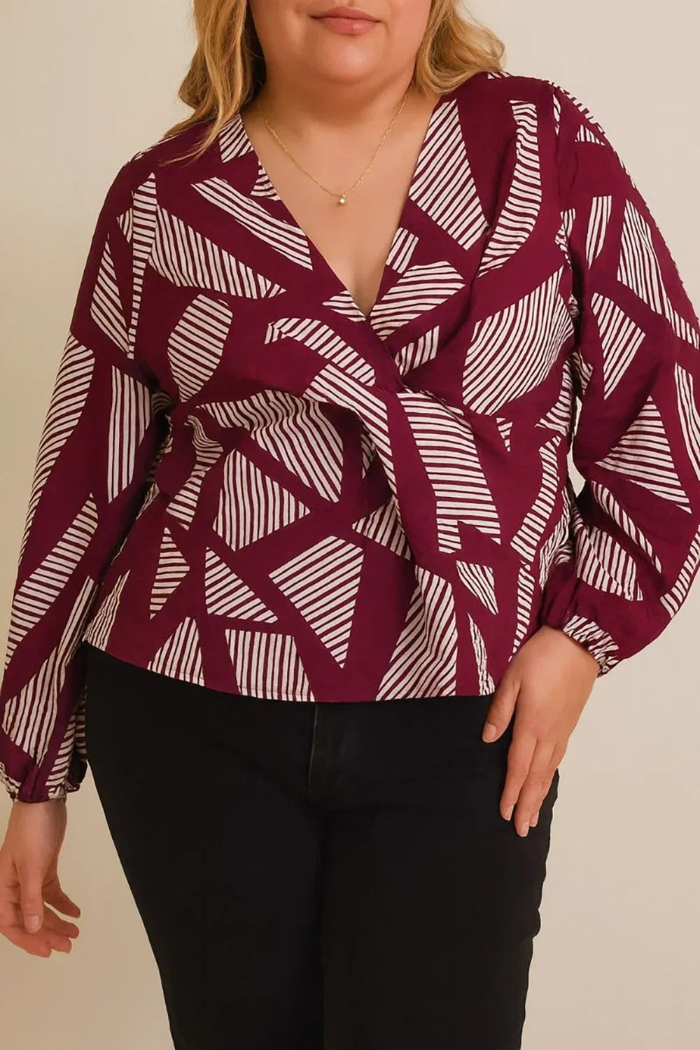 Plus Size Geometric Print Long Sleeve Surplice Peplum Top - Tasha Apparel Wholesale