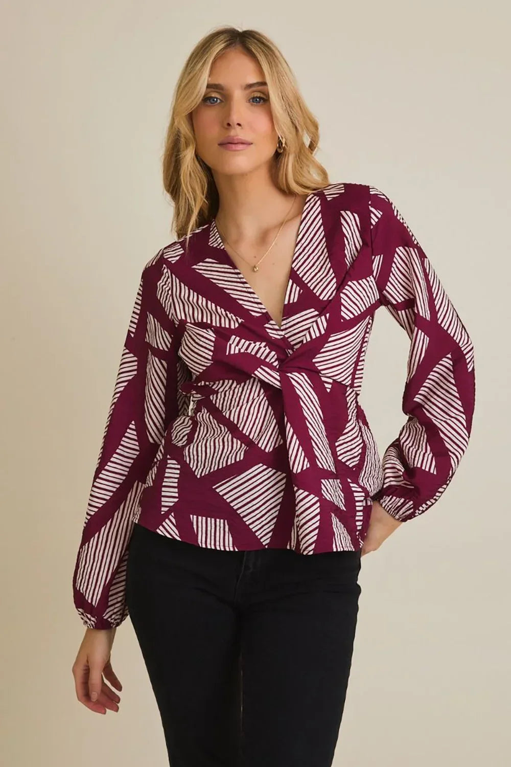 Plus Size Geometric Print Long Sleeve Surplice Peplum Top - Tasha Apparel Wholesale