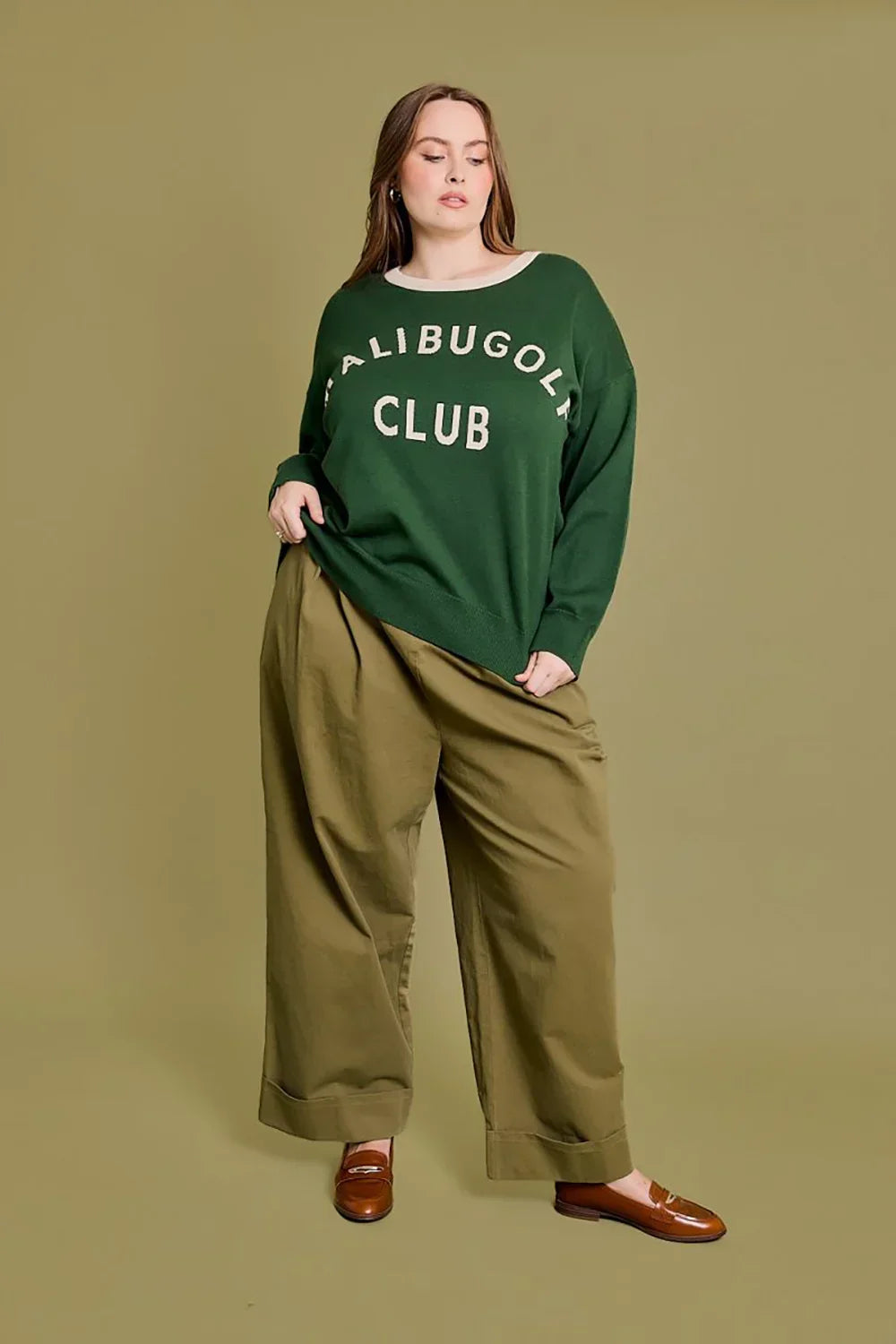 Plus Size "Malibu Golf Club" Graphic Knit Long Sleeve Crew Neck Relaxed Fit Sweater