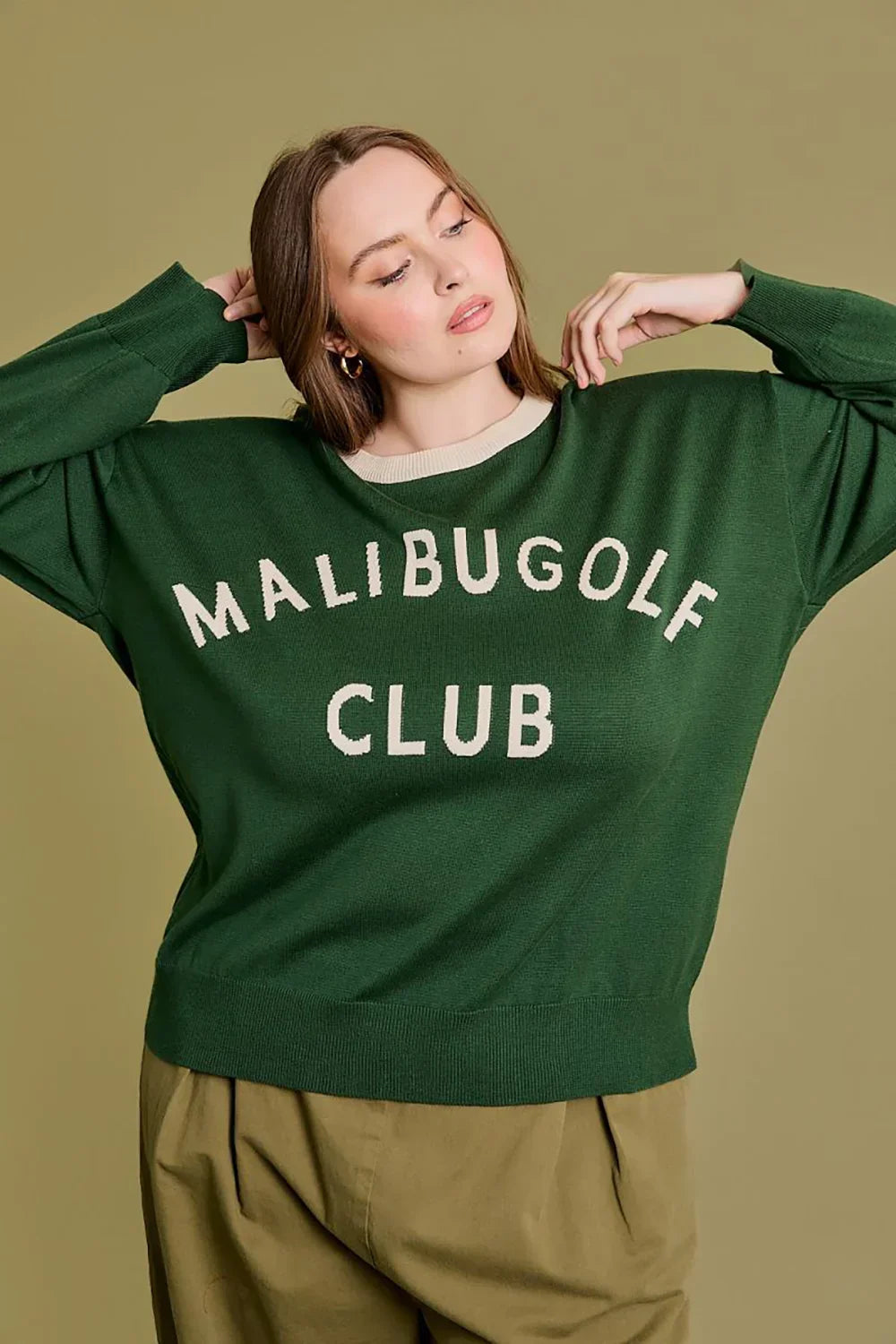 Plus Size "Malibu Golf Club" Graphic Knit Long Sleeve Crew Neck Relaxed Fit Sweater