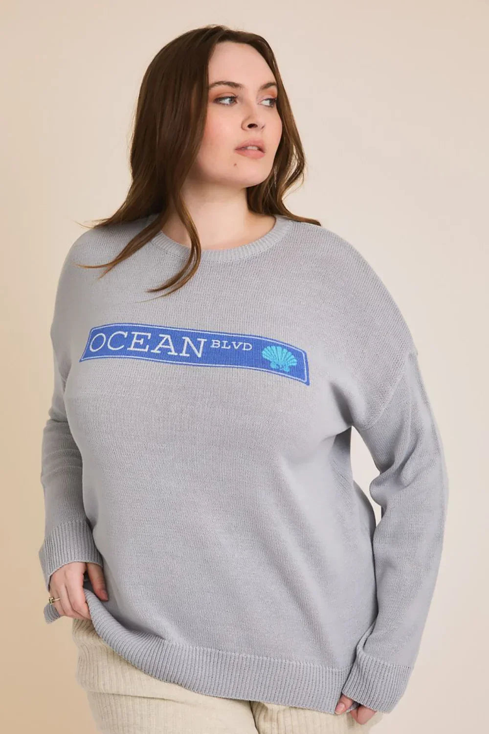 Plus Size "OCEAN BLVD" Graphic Knit Long Sleeve Crew Neck Boutique Sweater