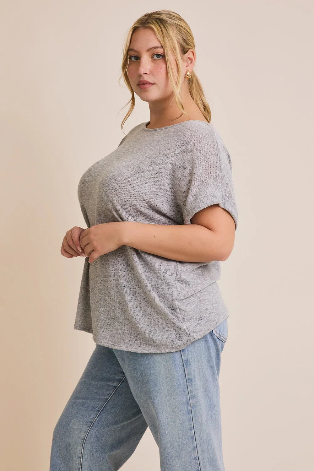 Plus Size Gray Knit Oversized Short Sleeve Lightweight Sweater Top