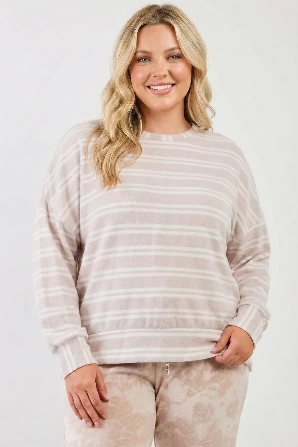Plus Size Soft Cozy Striped Pullover Loungewear Top - Tasha Apparel Wholesale