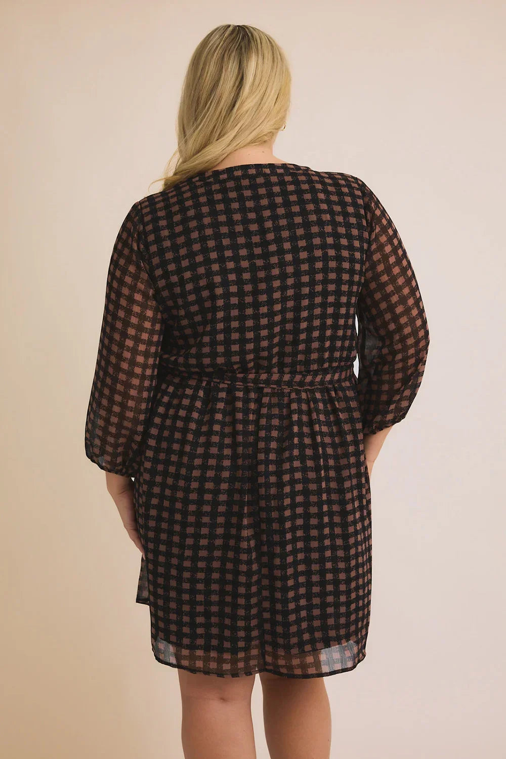 Plus Size Black Brown Checkered Shirred Button Front 3/4 Sleeve Dress Plus Size Black Brown Checkered Shirred Button Front 3/4 Sleeve Dress