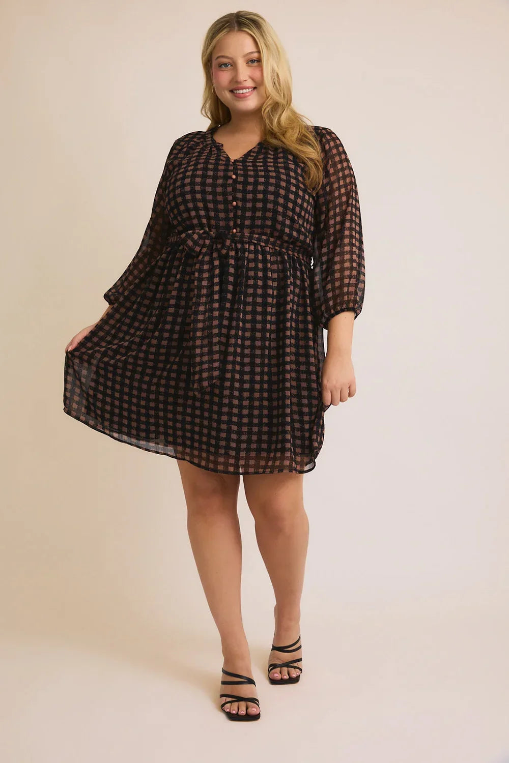 Plus Size Black Brown Checkered Shirred Button Front 3/4 Sleeve Dress Plus Size Black Brown Checkered Shirred Button Front 3/4 Sleeve Dress