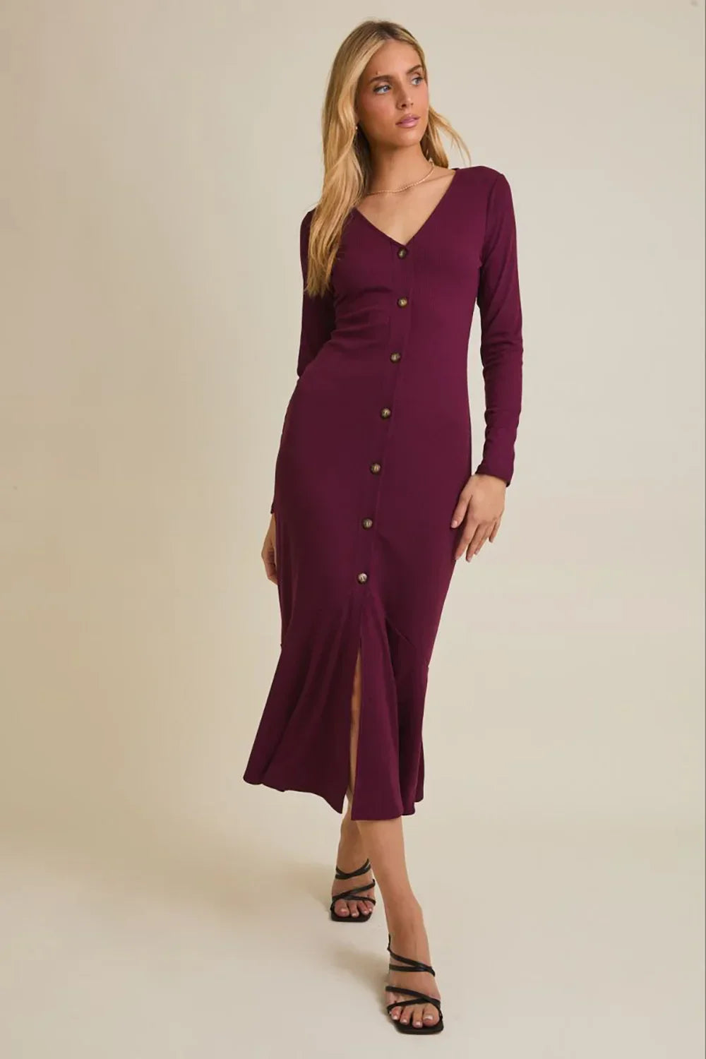 Plum Ribbed Button Front Long Sleeve V-Neck Midi Dress with Flare Hem