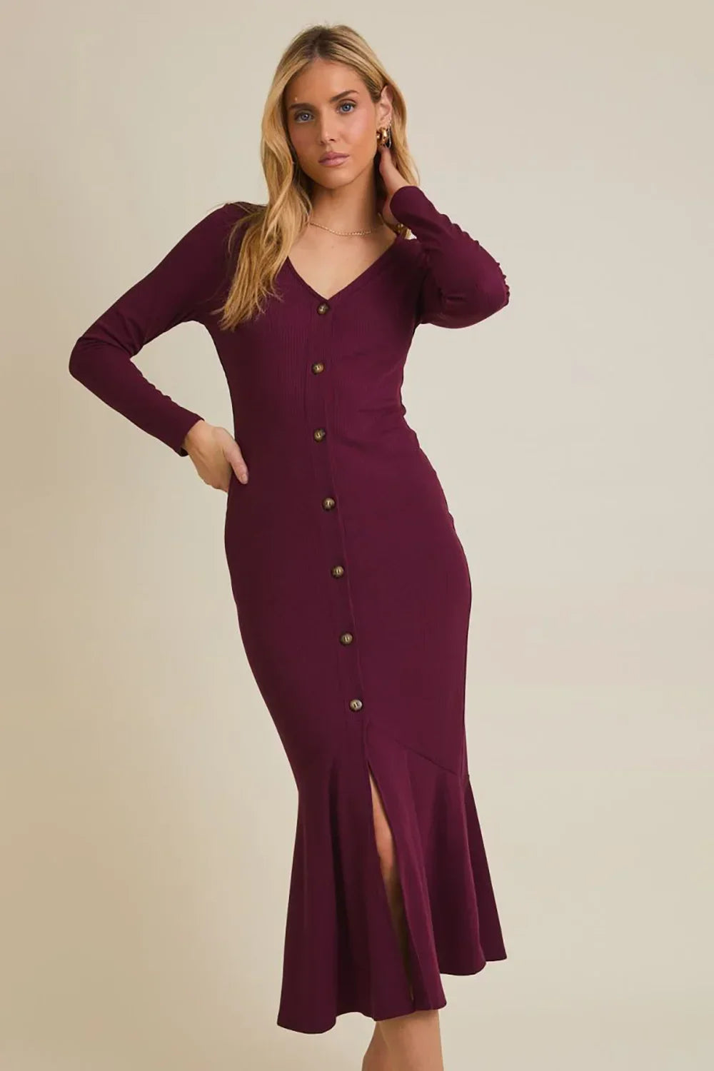 Plum Ribbed Button Front Long Sleeve V-Neck Midi Dress with Flare Hem
