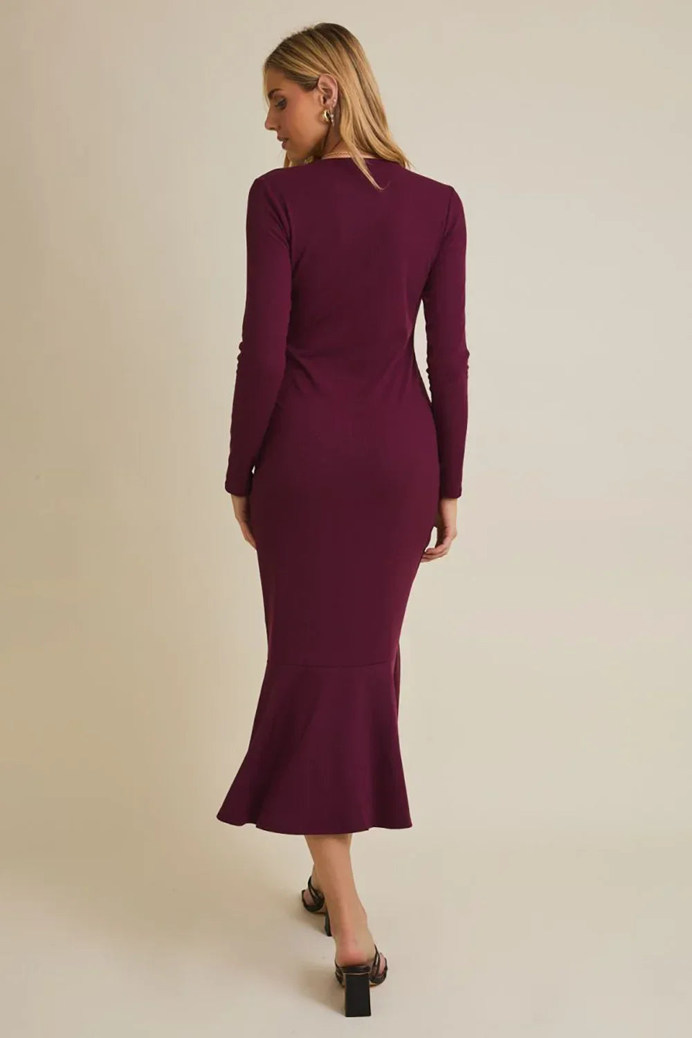 Plum Ribbed Button Front Long Sleeve V-Neck Midi Dress with Flare Hem