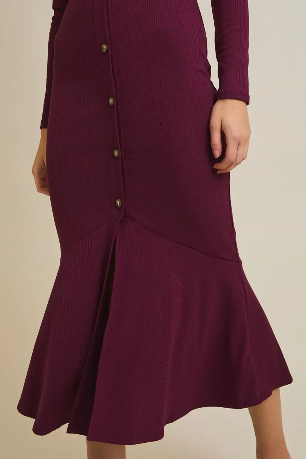 Plum Ribbed Button Front Long Sleeve V-Neck Midi Dress with Flare Hem