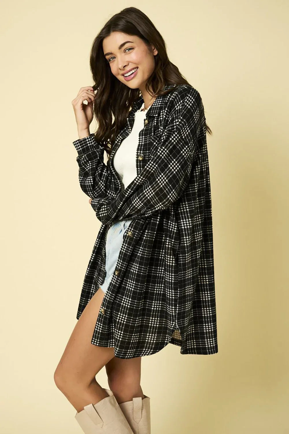 Plaid Button-Up Pockets Oversized Shirt Jacket