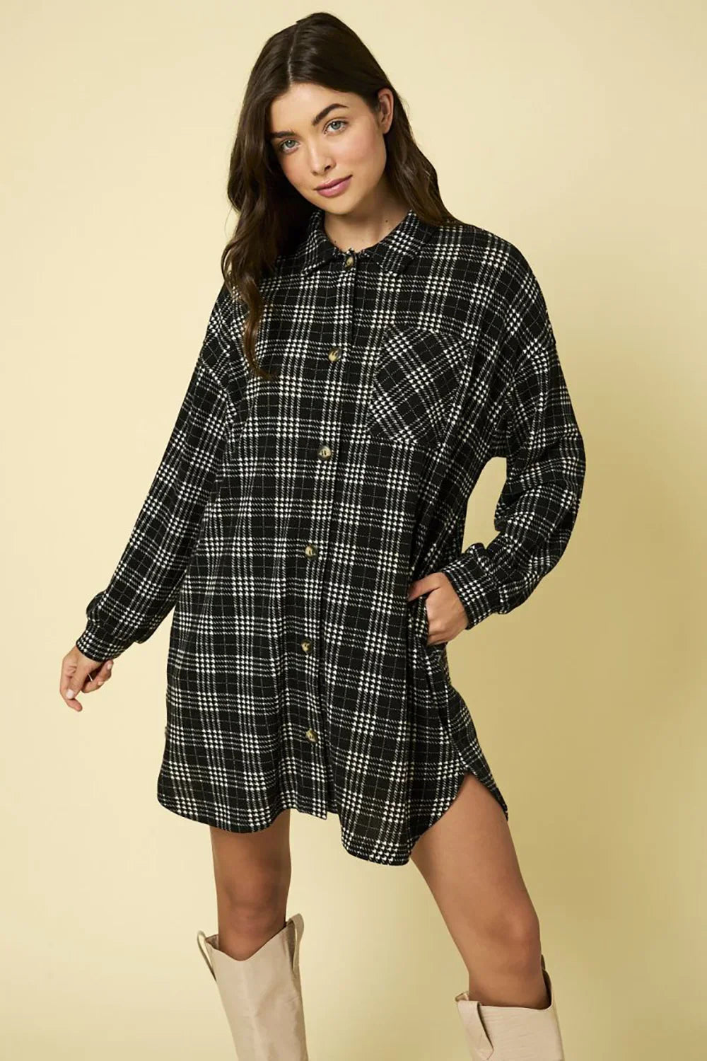 Plaid Button-Up Pockets Oversized Shirt Jacket