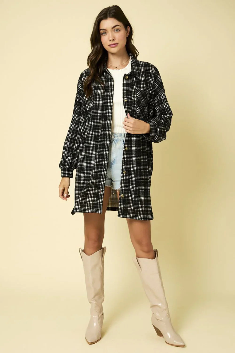 Plaid Button-Up Pockets Oversized Shirt Jacket
