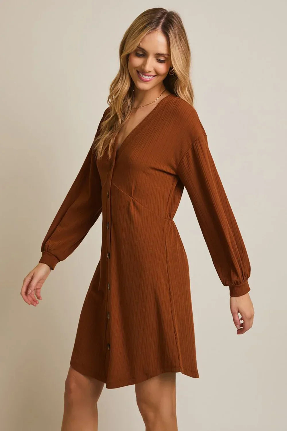 Rust Brown Ribbed Knit Balloon Sleeves Button-Front V-Neck Mini Dress
