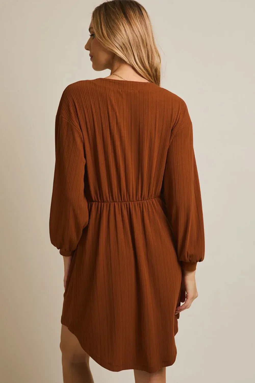 Rust Brown Ribbed Knit Balloon Sleeves Button-Front V-Neck Mini Dress