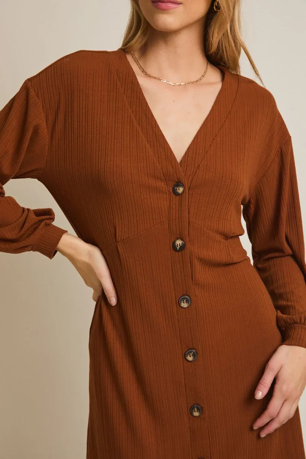 Rust Brown Ribbed Knit Balloon Sleeves Button-Front V-Neck Mini Dress