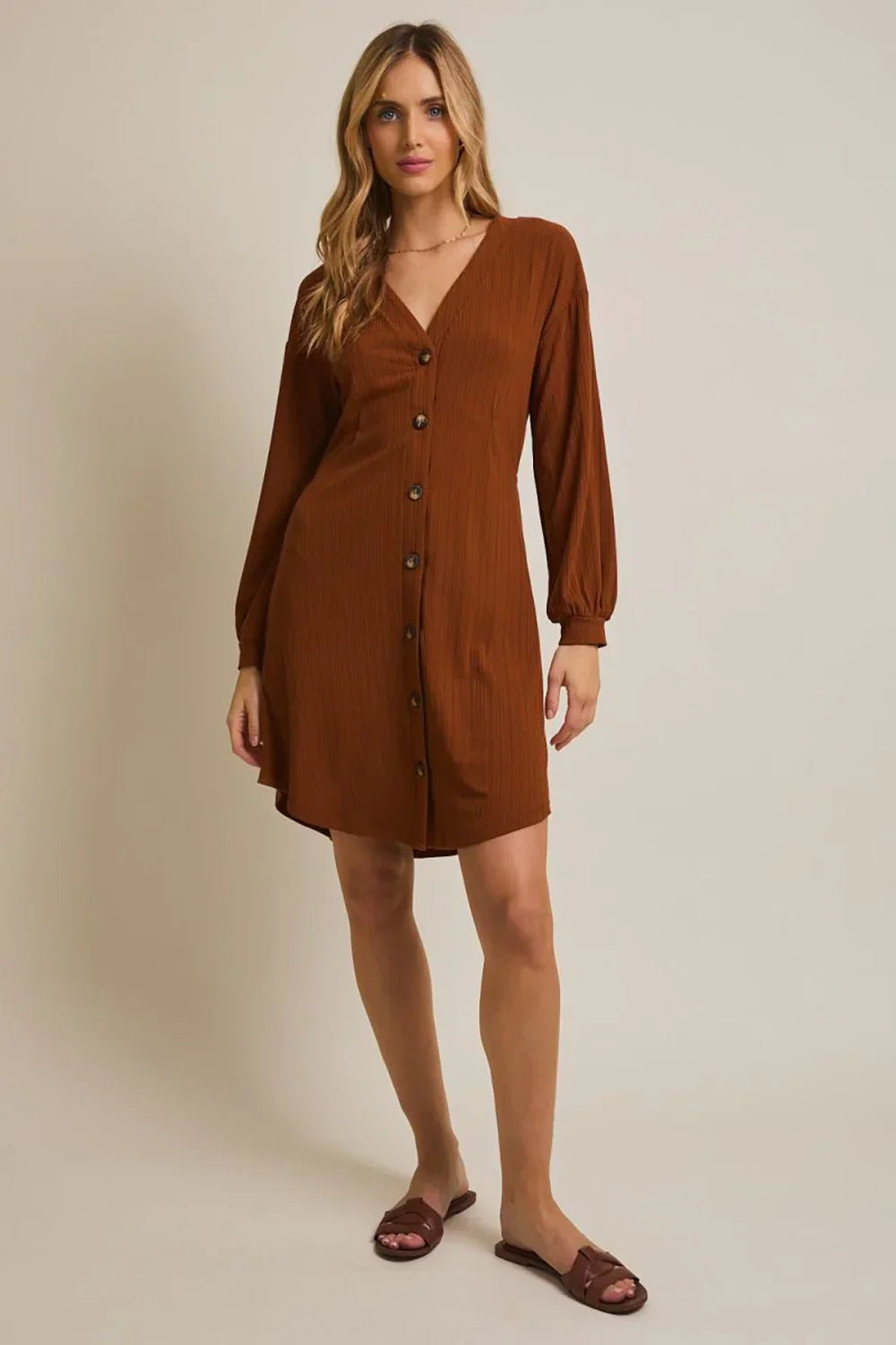 Rust Brown Ribbed Knit Balloon Sleeves Button-Front V-Neck Mini Dress Rust Brown Ribbed Knit Balloon Sleeves Button-Front V-Neck Mini Dress
