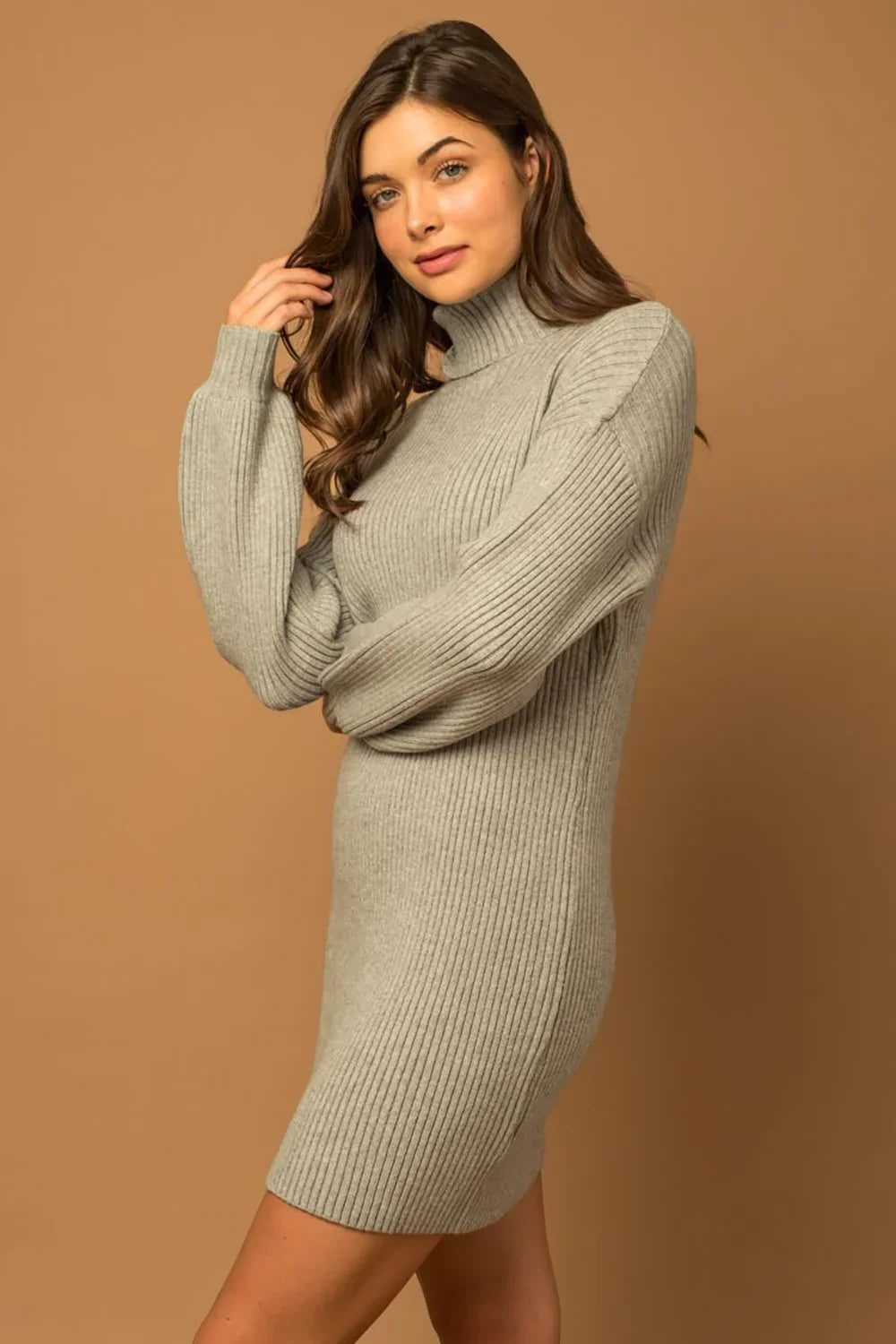Ribbed Knit Turtleneck Balloon Sleeves Sweater Mini Dress