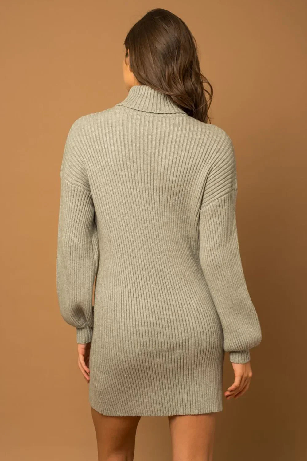 Ribbed Knit Turtleneck Balloon Sleeves Sweater Mini Dress Ribbed Knit Turtleneck Balloon Sleeves Sweater Mini Dress