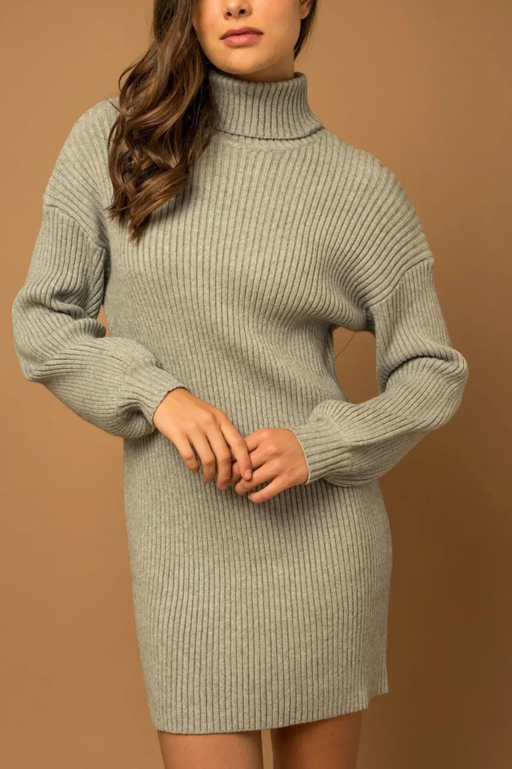 Ribbed Knit Turtleneck Balloon Sleeves Sweater Mini Dress