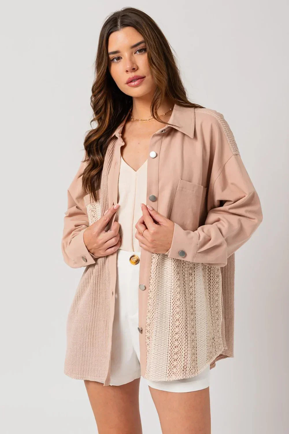 Dusty Blush Mixed Media Button Down Waffle Knit Shacket