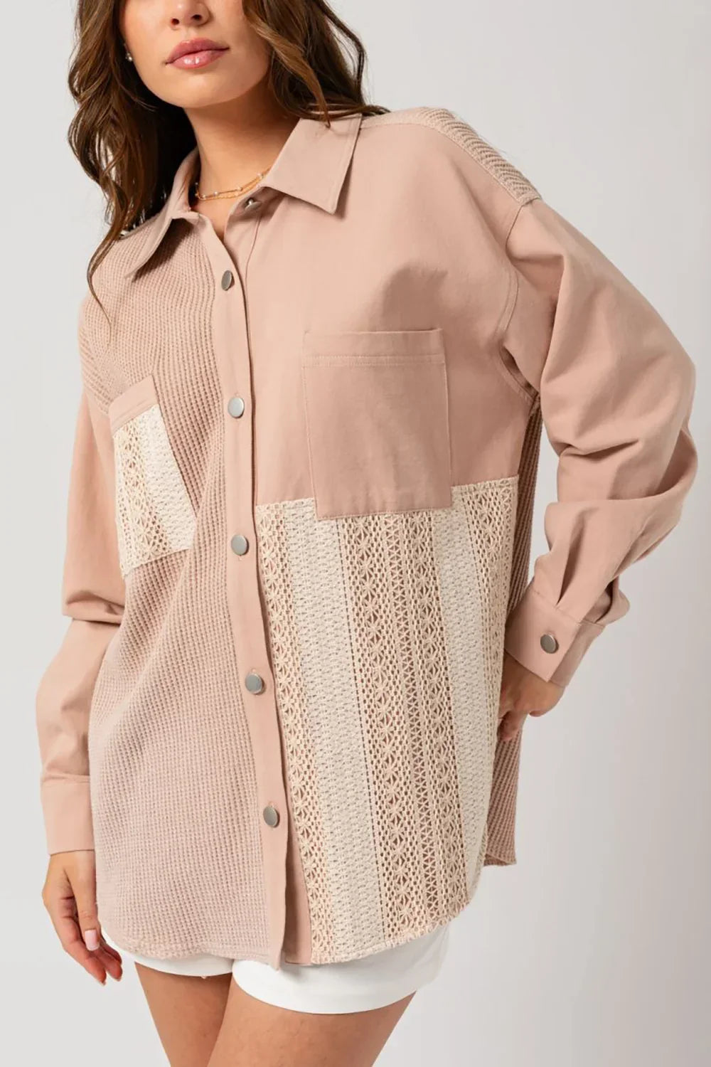 Dusty Blush Mixed Media Button Down Waffle Knit Shacket