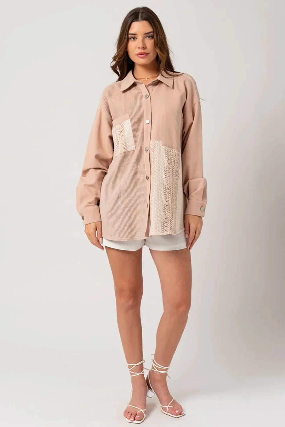 Dusty Blush Mixed Media Button Down Waffle Knit Shacket
