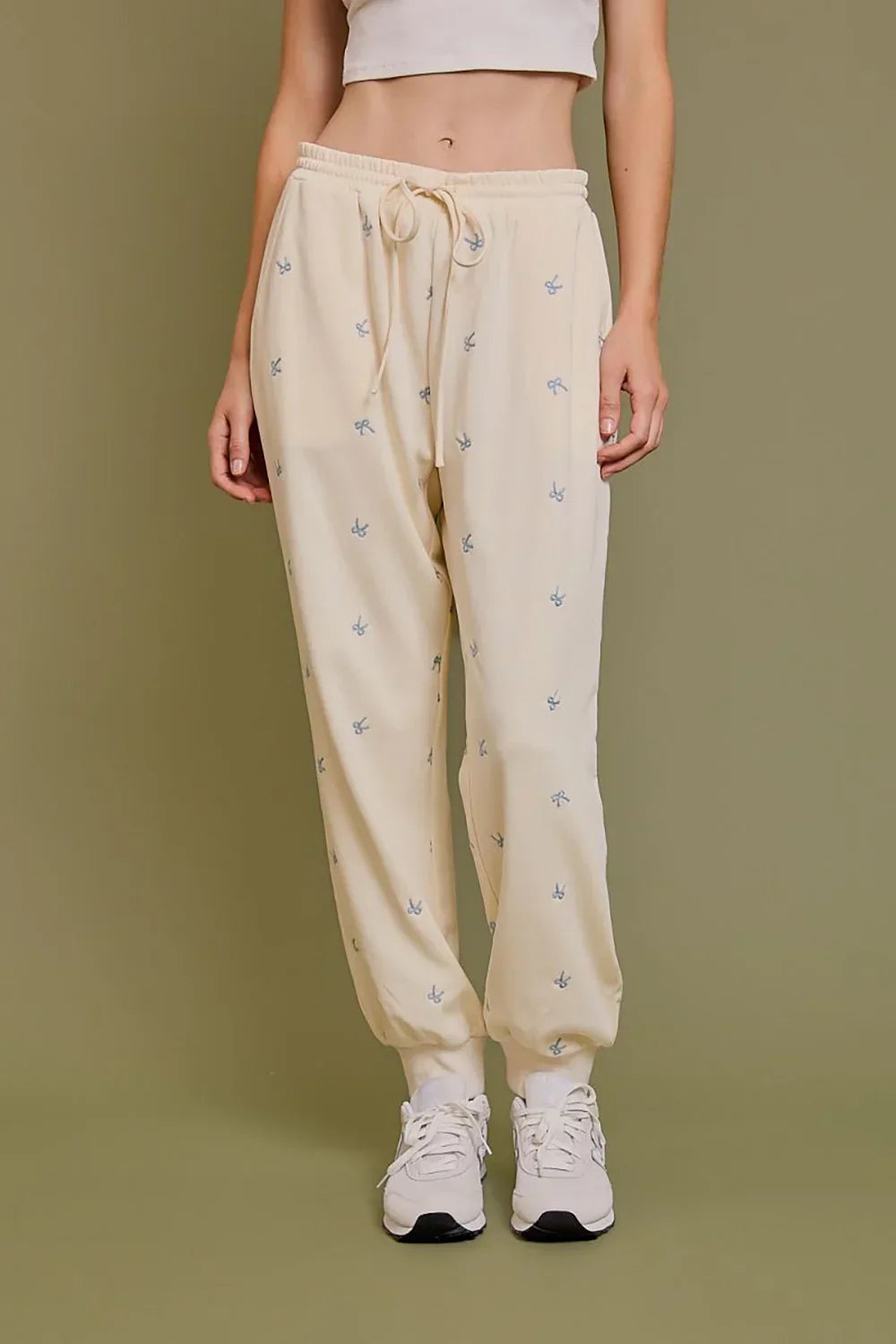 Cream Embroidered Bow Print Elastic Waist Drawstring Joggers - Tasha Apparel Wholesale