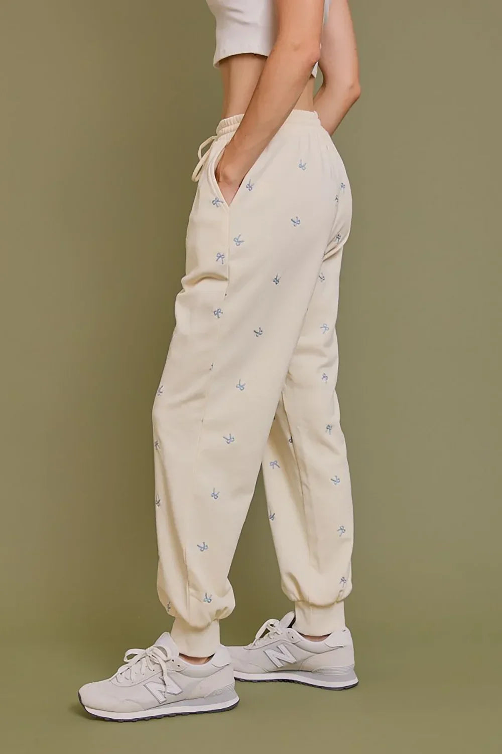 Cream Embroidered Bow Print Elastic Waist Drawstring Joggers - Tasha Apparel Wholesale