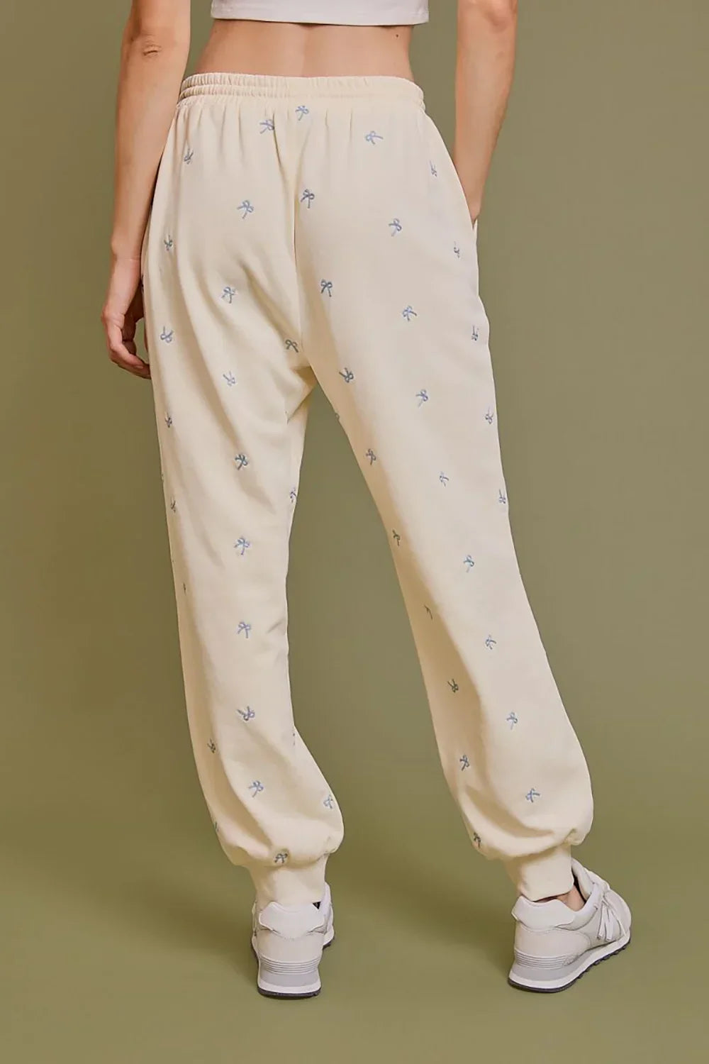 Cream Embroidered Bow Print Elastic Waist Drawstring Joggers - Tasha Apparel Wholesale
