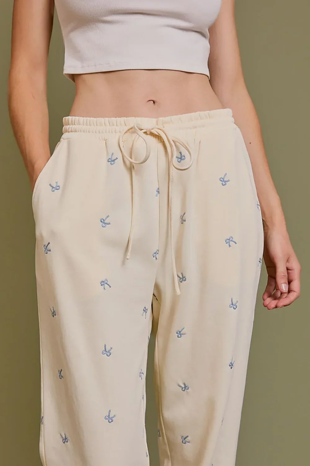 Cream Embroidered Bow Print Elastic Waist Drawstring Joggers - Tasha Apparel Wholesale