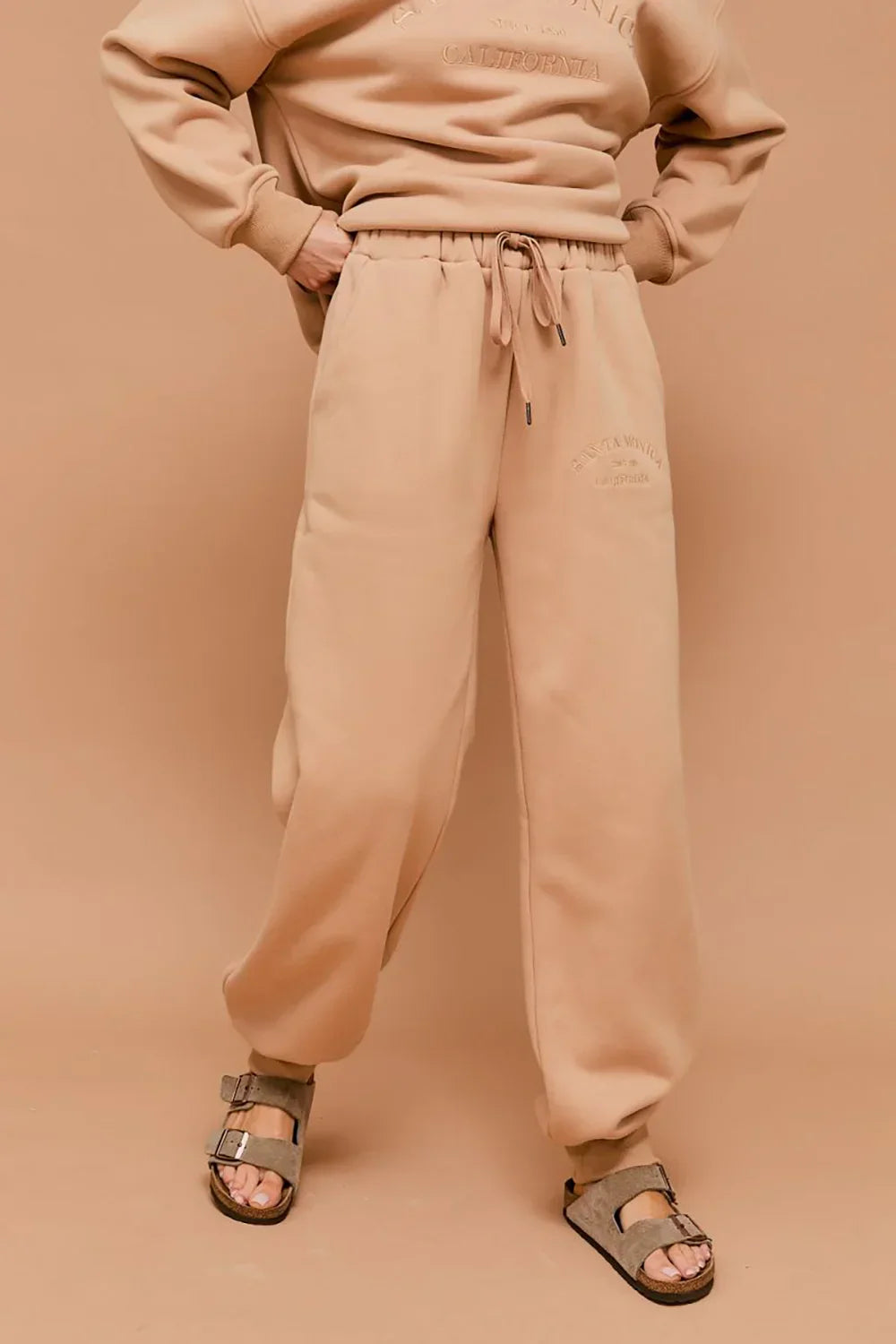 "Santa Monica California" Embossed Graphic Elastic Waist Drawstring Joggers