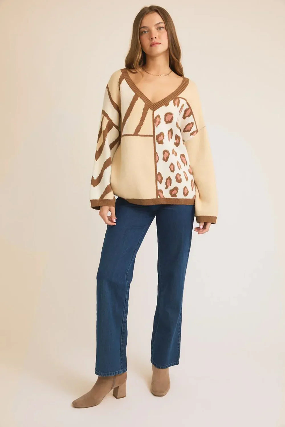 Oversize Cream Leopard and Zebra Patterns Colorblock V Neck Sweater - Tasha Apparel Wholesale
