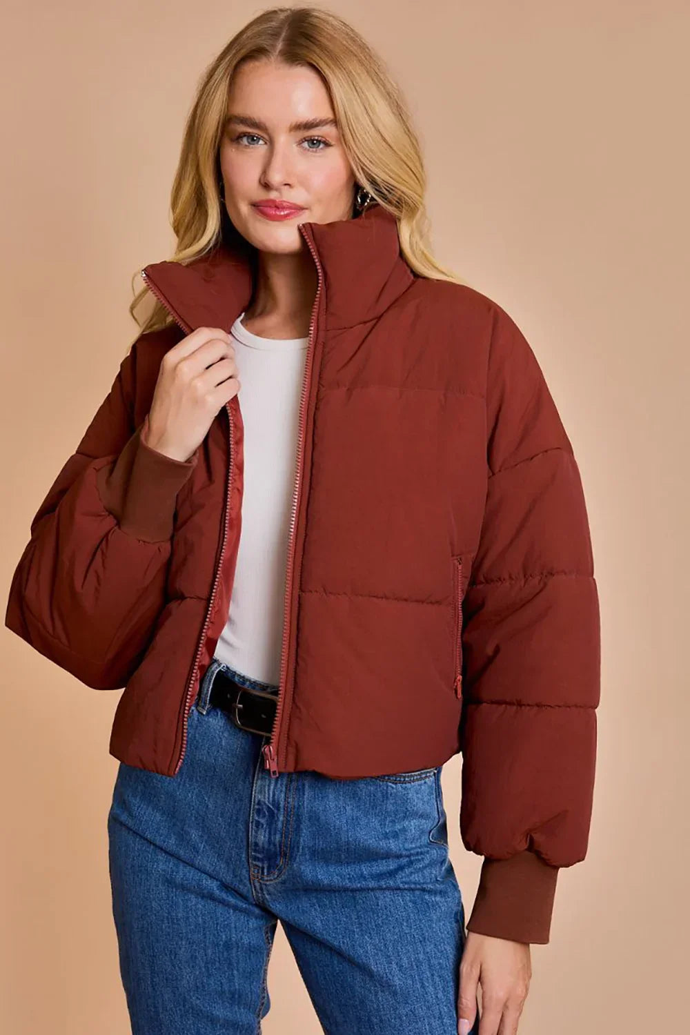 Quilted Puffer Stand Collar Zipper Pockets Cropped Bomber Jacket - Tasha Apparel Wholesale