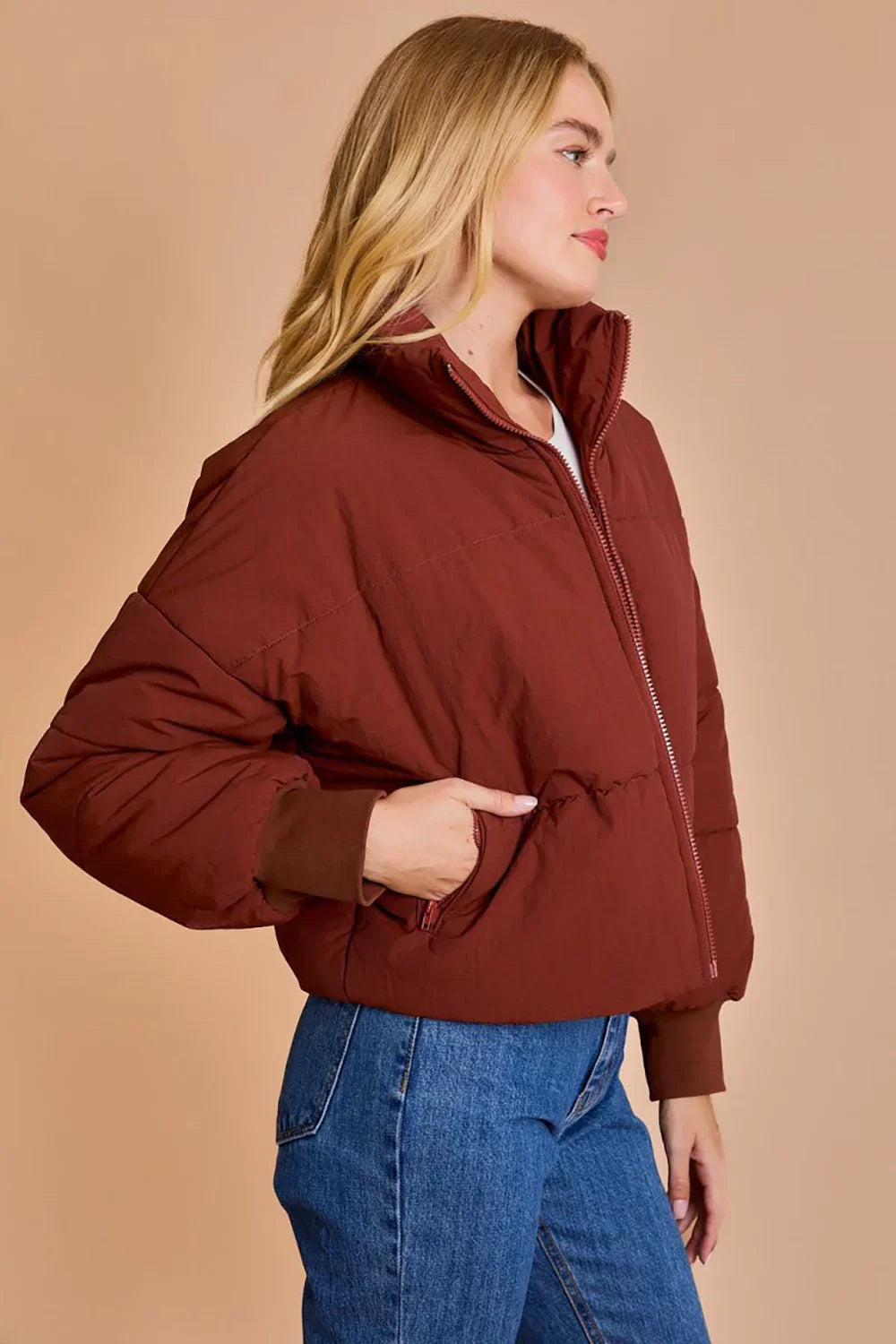 Quilted Puffer Stand Collar Zipper Pockets Cropped Bomber Jacket - Tasha Apparel Wholesale
