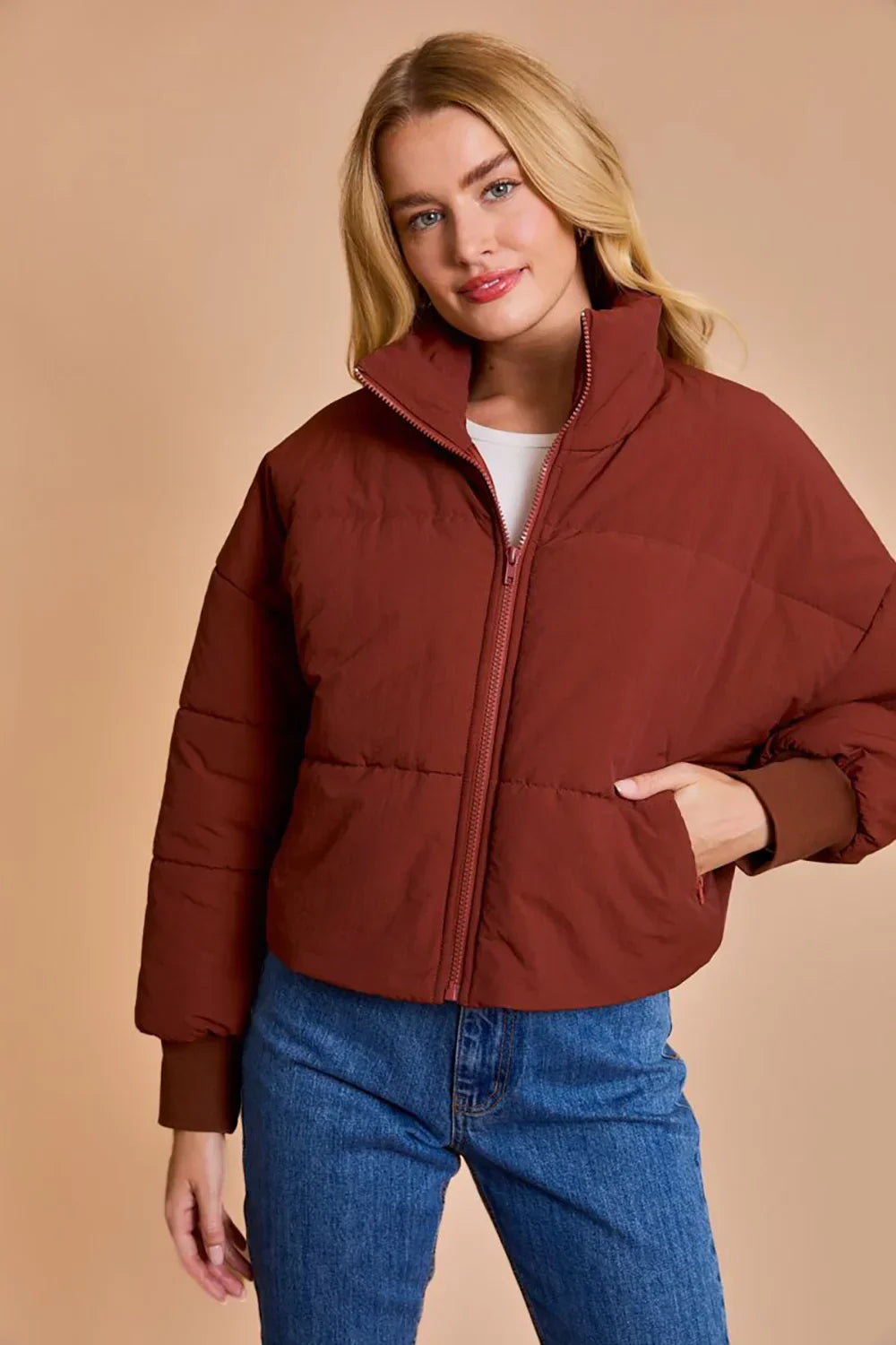 Quilted Puffer Stand Collar Zipper Pockets Cropped Bomber Jacket - Tasha Apparel Wholesale