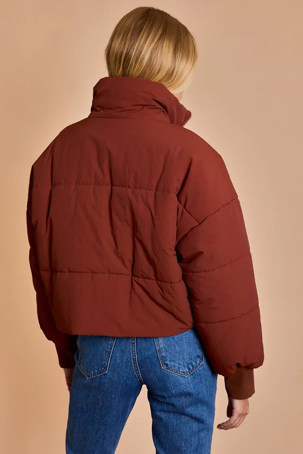 Quilted Puffer Stand Collar Zipper Pockets Cropped Bomber Jacket - Tasha Apparel Wholesale