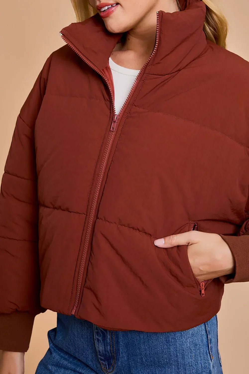 Quilted Puffer Stand Collar Zipper Pockets Cropped Bomber Jacket - Tasha Apparel Wholesale