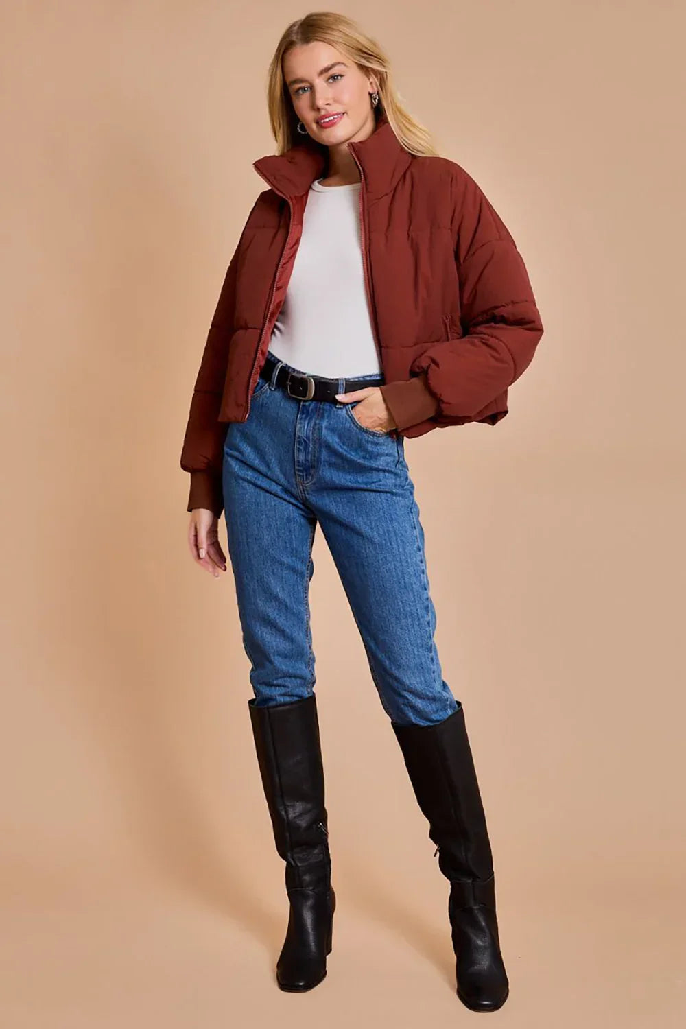 Quilted Puffer Stand Collar Zipper Pockets Cropped Bomber Jacket - Tasha Apparel Wholesale