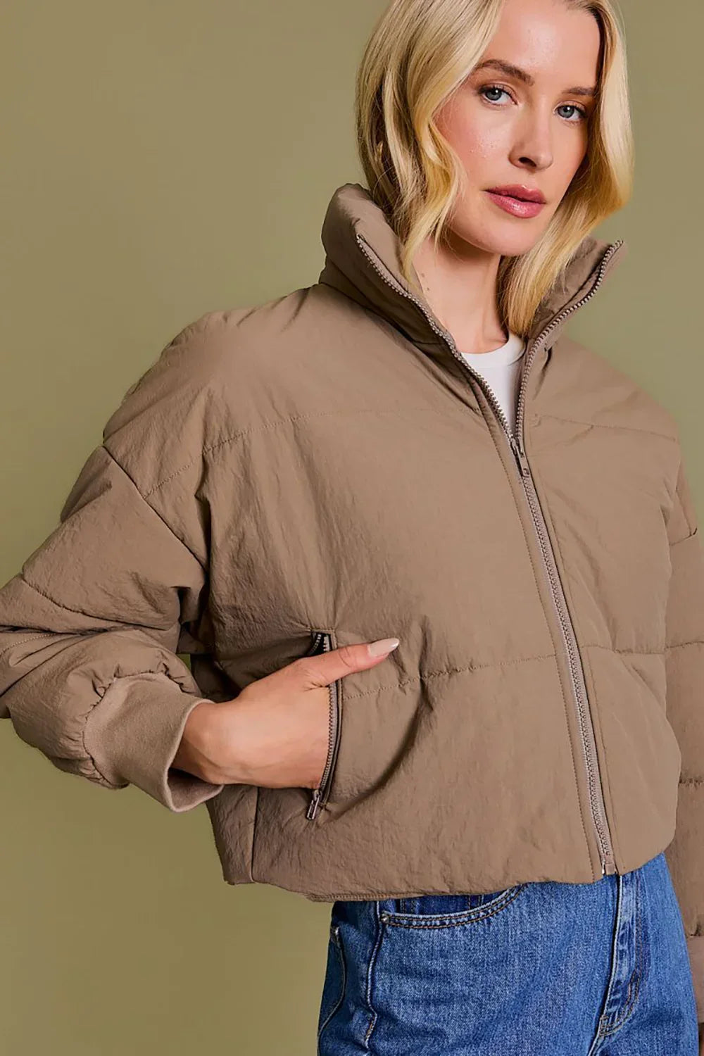 Quilted Puffer Stand Collar Zipper Pockets Cropped Bomber Jacket - Tasha Apparel Wholesale