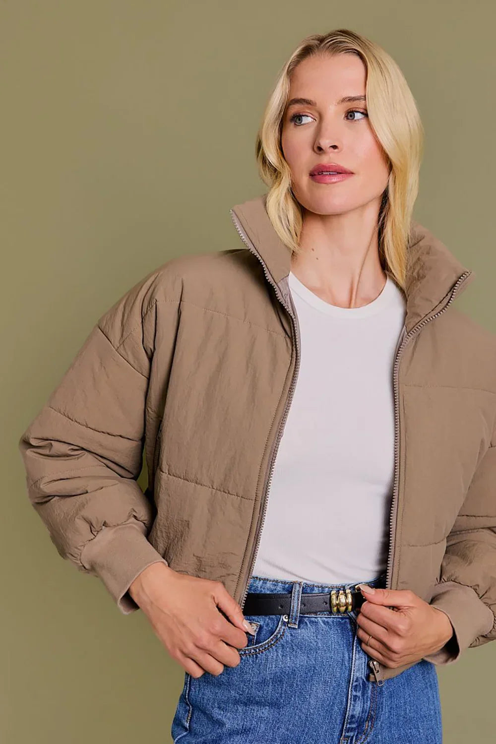 Quilted Puffer Stand Collar Zipper Pockets Cropped Bomber Jacket - Tasha Apparel Wholesale