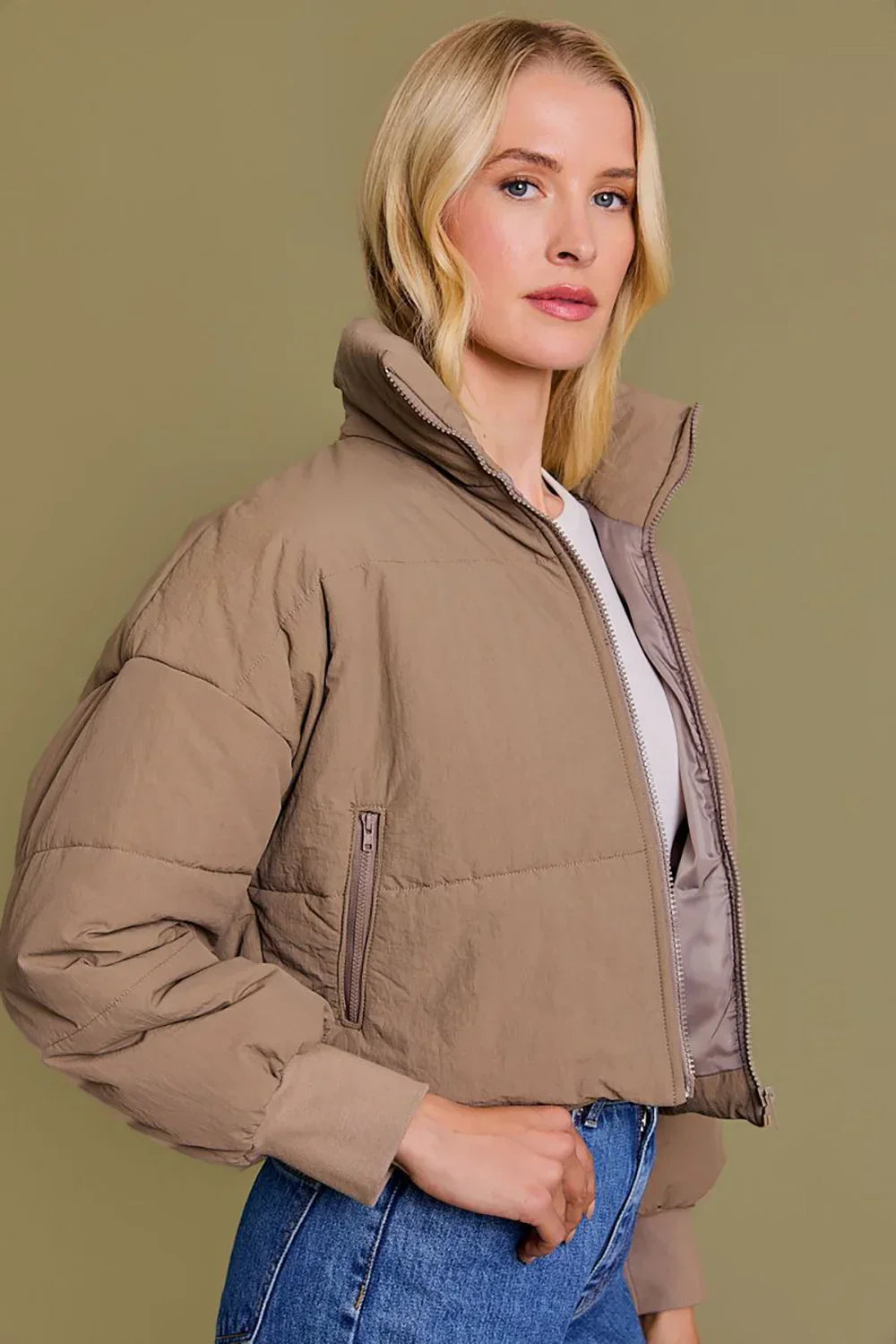 Quilted Puffer Stand Collar Zipper Pockets Cropped Bomber Jacket - Tasha Apparel Wholesale