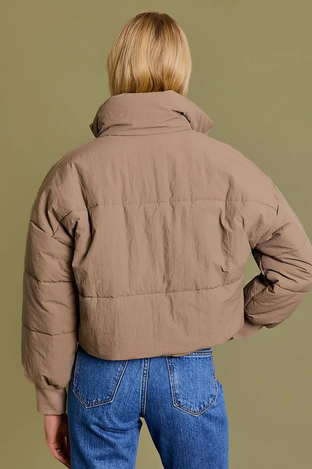 Quilted Puffer Stand Collar Zipper Pockets Cropped Bomber Jacket - Tasha Apparel Wholesale