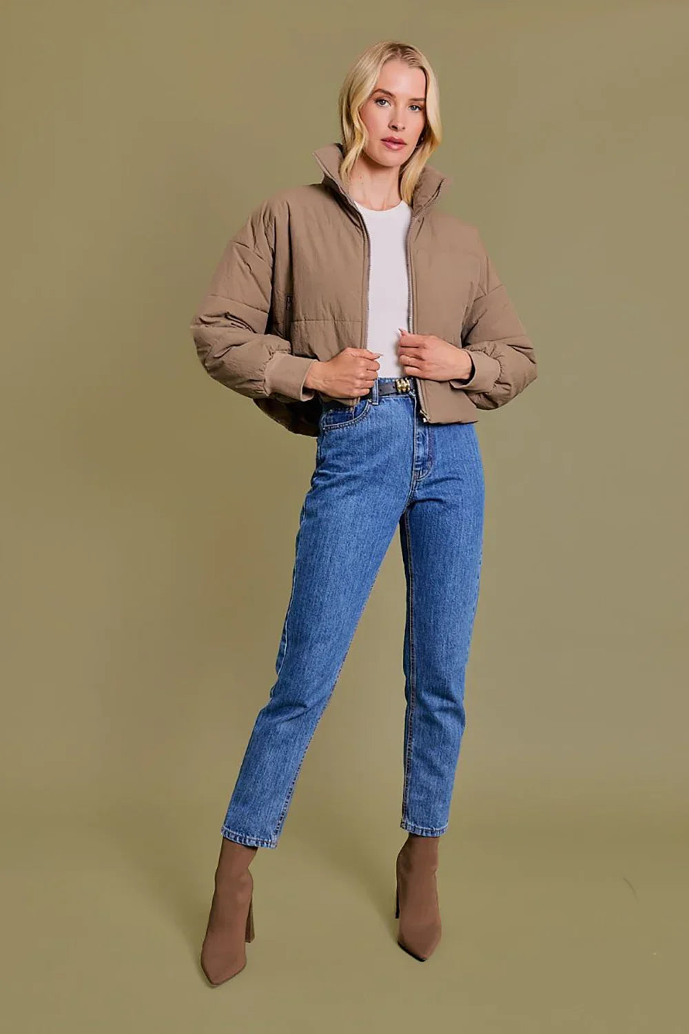 Quilted Puffer Stand Collar Zipper Pockets Cropped Bomber Jacket - Tasha Apparel Wholesale