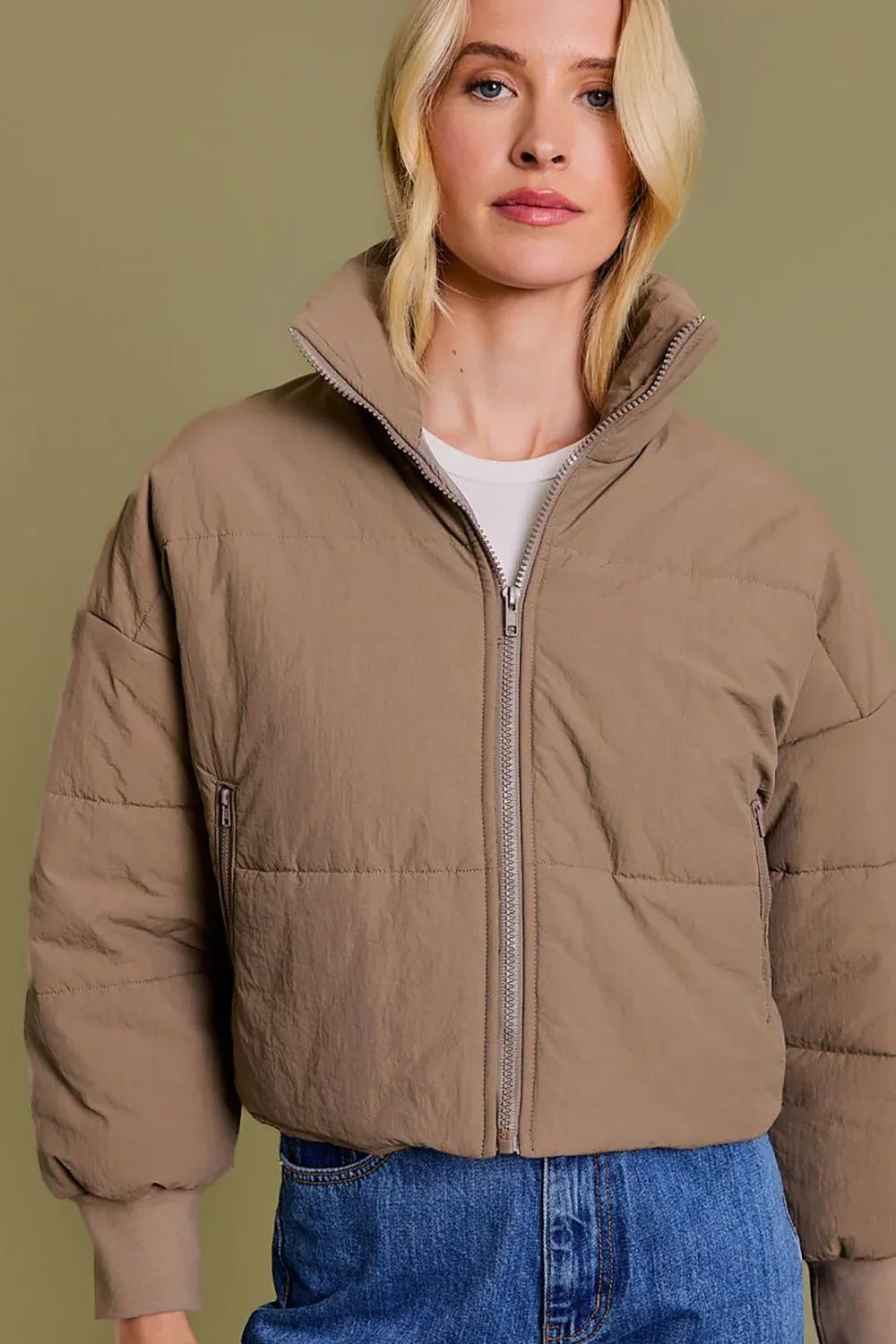 Quilted Puffer Stand Collar Zipper Pockets Cropped Bomber Jacket - Tasha Apparel Wholesale