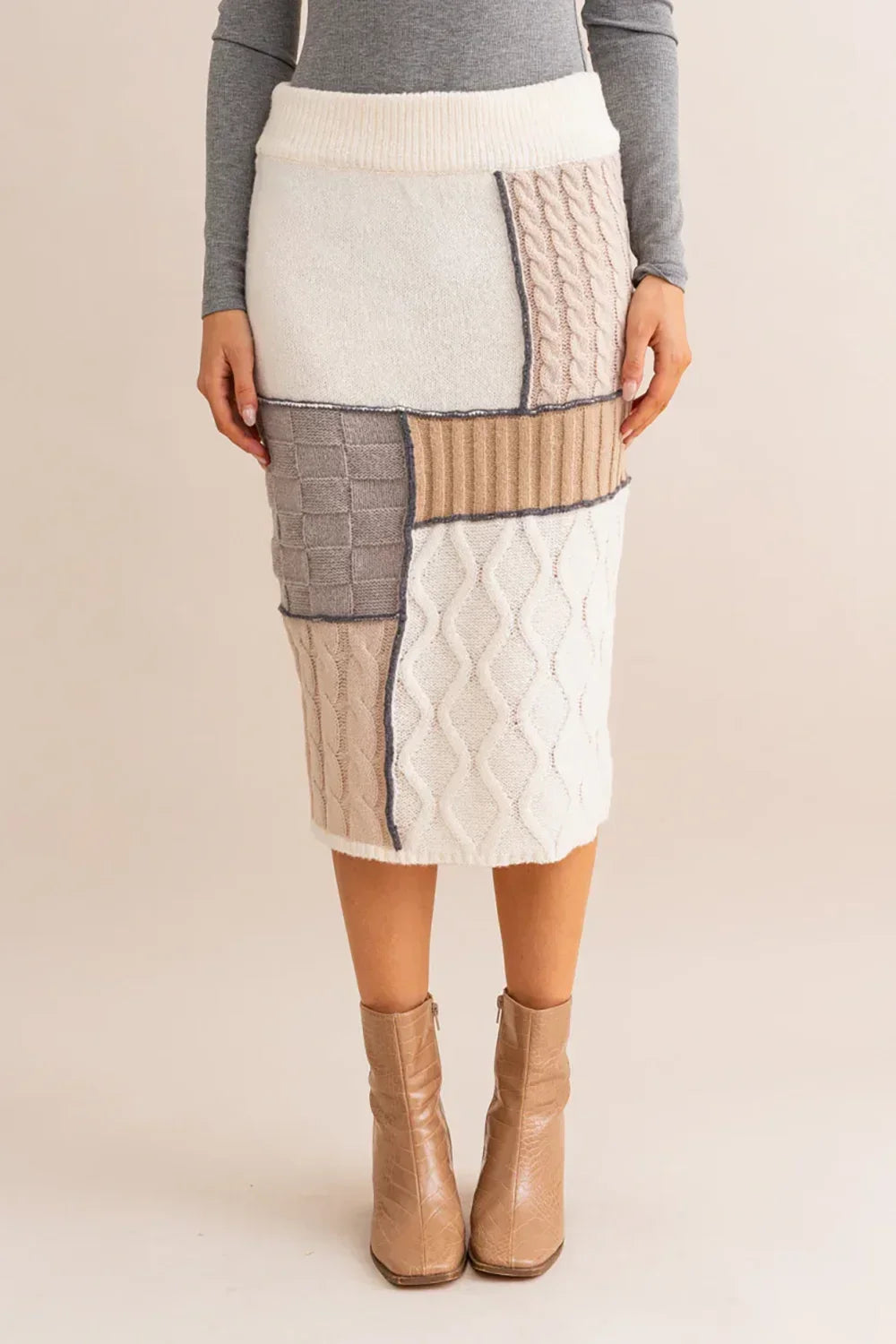 Neutral Colorblock Ribbed Waistband Cable Knit Patchwork Midi Pencil Skirt - Tasha Apparel Wholesale