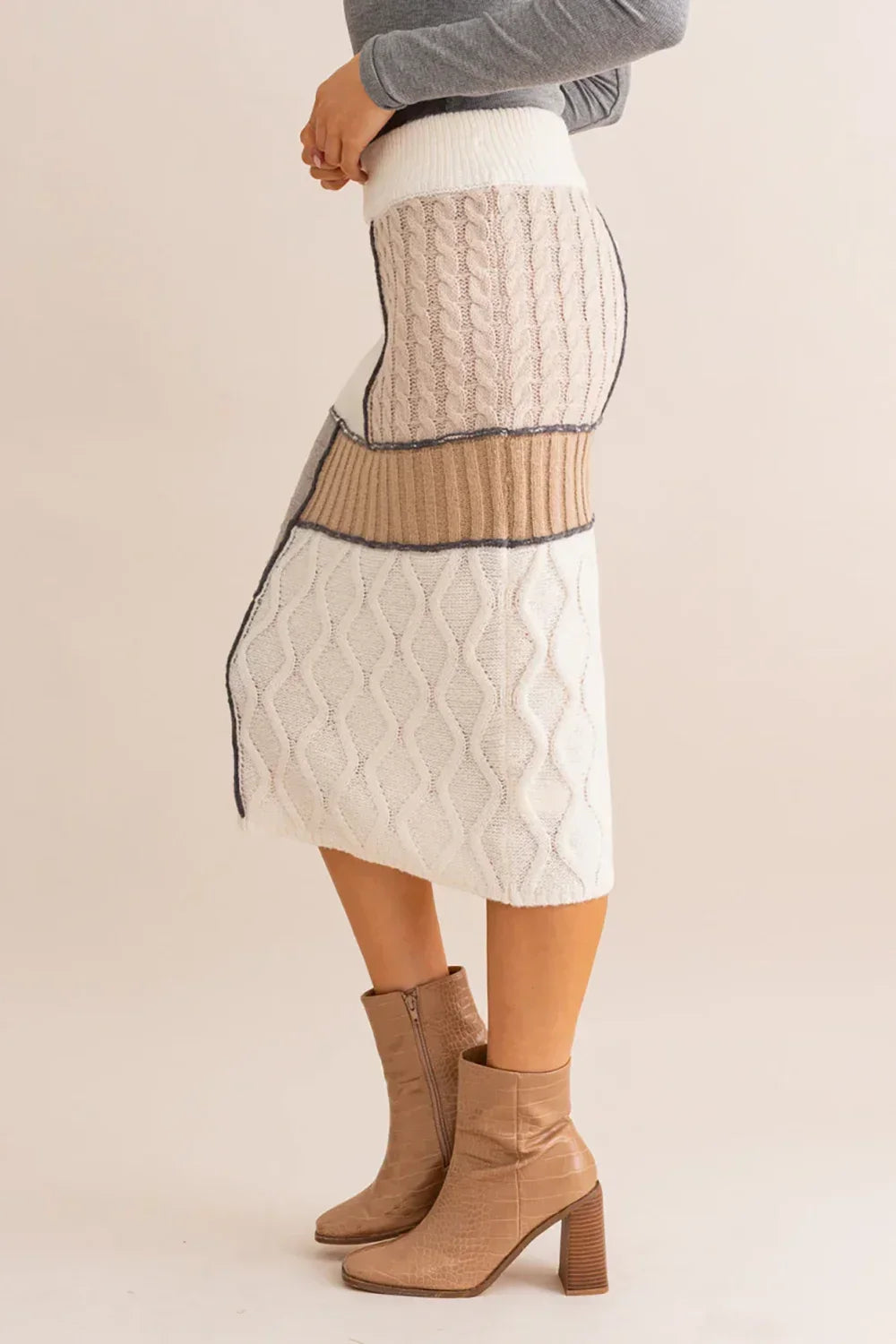 Neutral Colorblock Ribbed Waistband Cable Knit Patchwork Midi Pencil Skirt - Tasha Apparel Wholesale