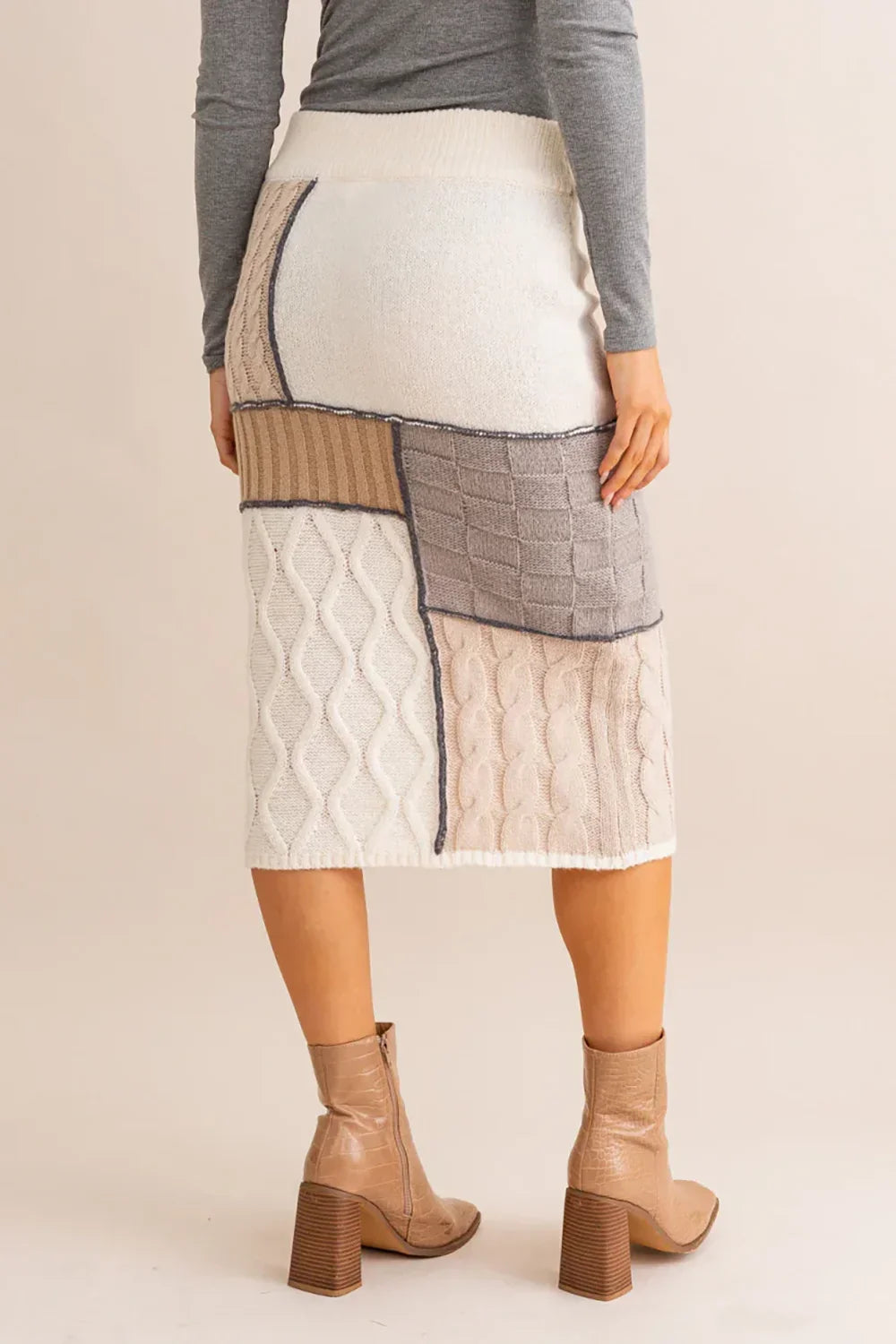 Neutral Colorblock Ribbed Waistband Cable Knit Patchwork Midi Pencil Skirt - Tasha Apparel Wholesale